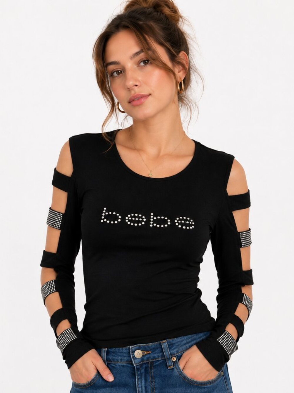 Bebe Rhinestone Logo Top Women S Black Cold Shoulder Cutout Sleeve Long Sleeve